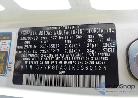 2019 Kia Sorento 3.3L Lx z USA, uszkodzony, nr VIN 5XYPGDA51KG560134